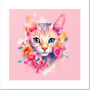 Watercolor romantic cat in flowers Posters and Art